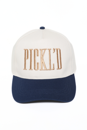 White and navy cap with 'PICKLED' text on a white background