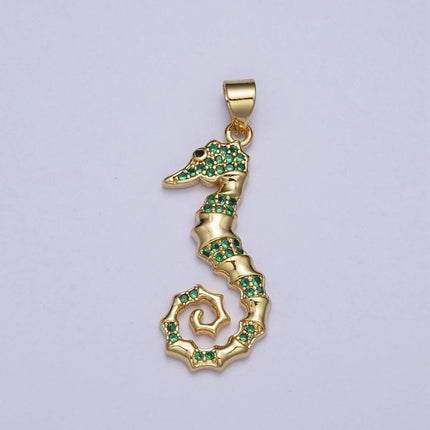 Emerald Green Micro Pave Cubic Zirconia Seahorse Ocean Wildlife Gold Charm For Jewelry Making | X-475