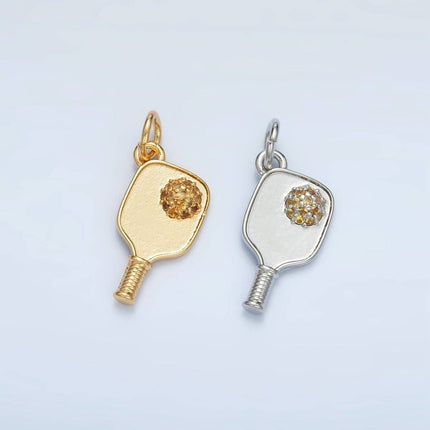 Minimalist Pickle Ball Charm in 24K Gold Filled Pendant Sports Paddle with CZ Ball D-620