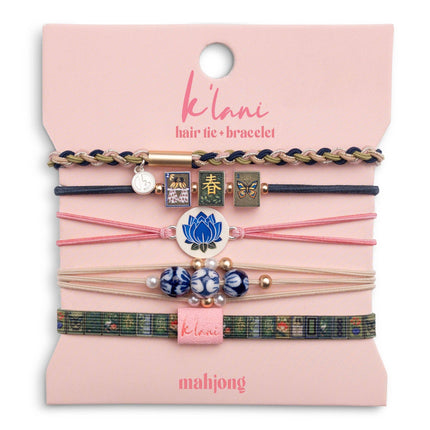 "Mahjong" Themed in Pink, Green & Blue with Lotus & Tile Accent Hair Tie Bracelets