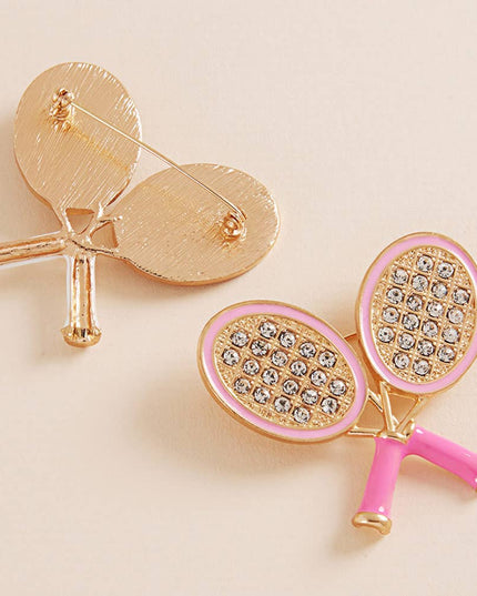 Enamel Rhinestone Embellished Double Tennis Racket Pin Brooch