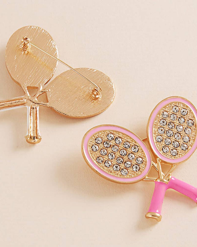 Enamel Rhinestone Embellished Double Tennis Racket Pin Brooch