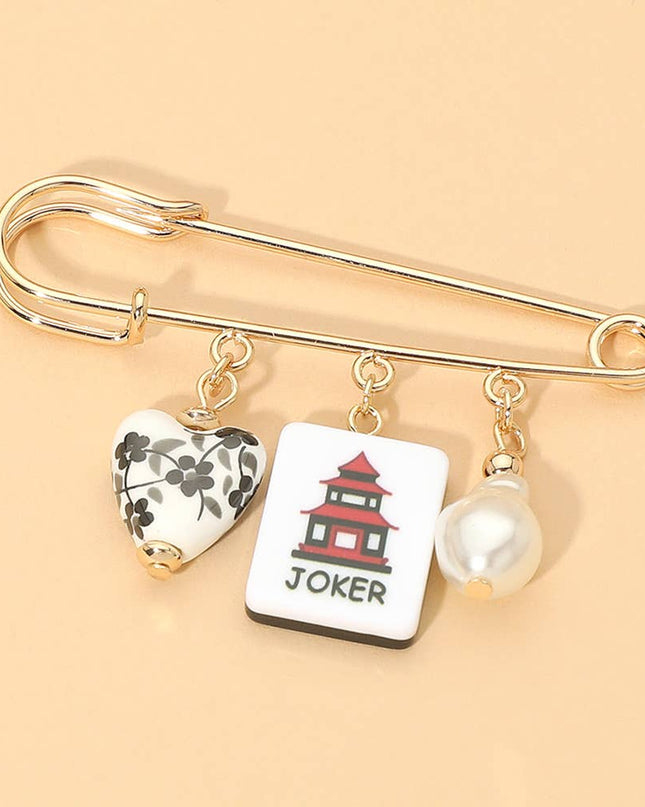 Floral Heart Mahjong Tile Pearl Charm Drop Safety Pin Brooch