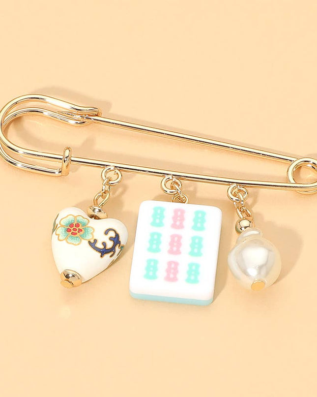 Floral Heart Mahjong Tile Pearl Charm Drop Safety Pin Brooch