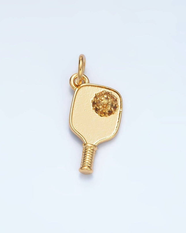 Minimalist Pickle Ball Charm in 24K Gold Filled Pendant Sports Paddle with CZ Ball  D-620