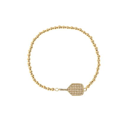 Pickleball Beaded Stretch Rhinestone Bracelet -Gold
