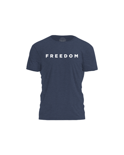 Navy blue t-shirt with 'FREEDOM' printed on a white background