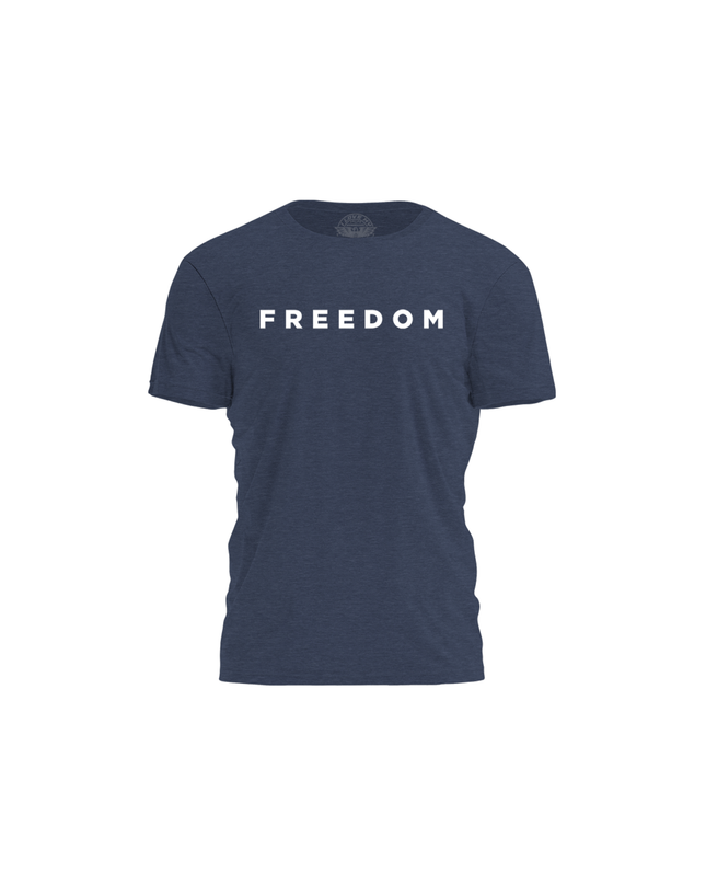 Navy blue t-shirt with 'FREEDOM' printed on a white background