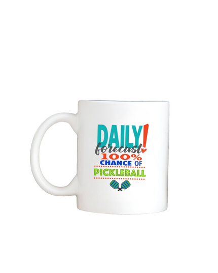White mug with colorful text and pickleball graphics on a white background