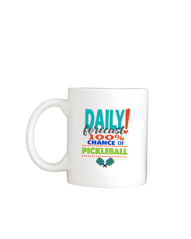White mug with colorful text and pickleball graphics on a white background