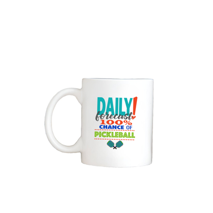White mug with colorful text and pickleball graphics on a white background