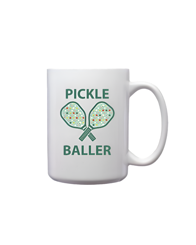 White mug with pickleball design and text on a white background