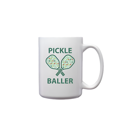 White mug with pickleball design and text on a white background