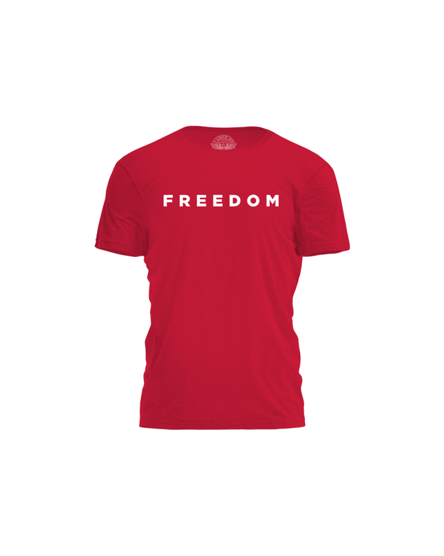 Red t-shirt with 'FREEDOM' printed on it against a white background