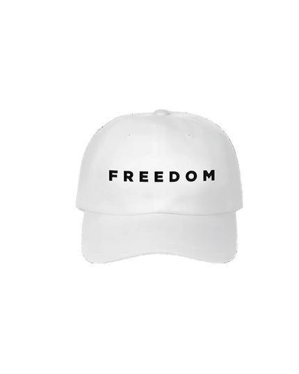 White cap with 'FREEDOM' text on a white background