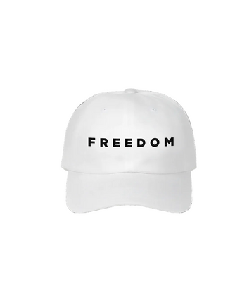 White cap with 'FREEDOM' text on a white background