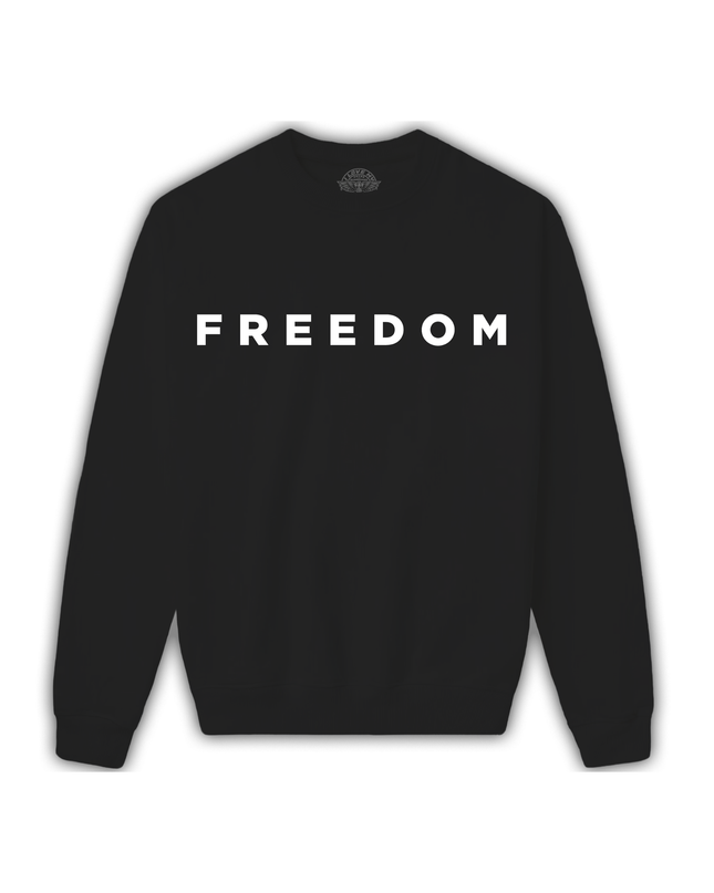 Black sweatshirt with 'FREEDOM' printed on it against a white background