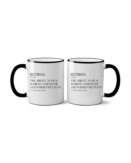 Two white mugs with black handles and text on a white background