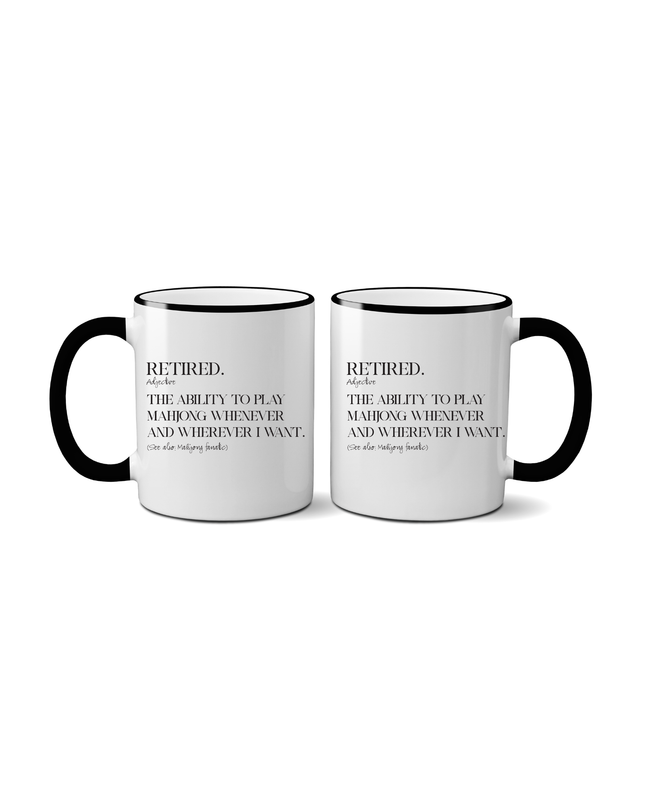 Two white mugs with black handles and text on a white background