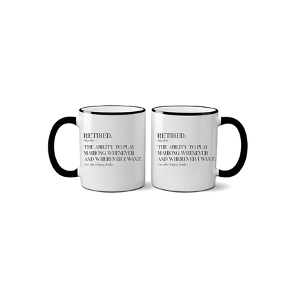 Two white mugs with black handles and text on a white background