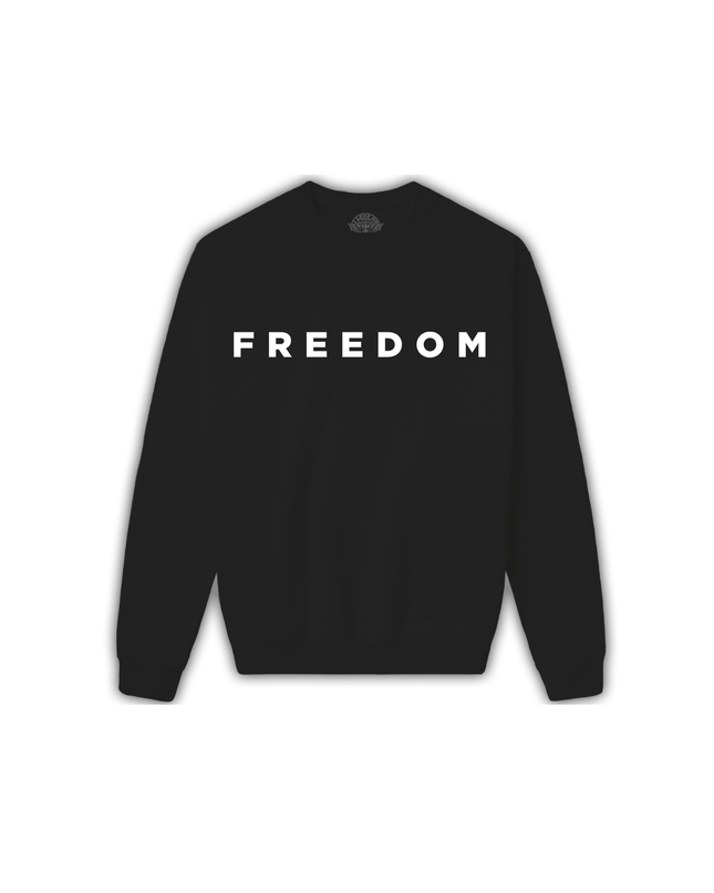 Black sweatshirt with 'FREEDOM' printed on it against a white background