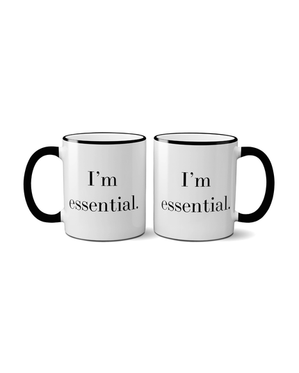 Two white mugs with black handles and text on a white background