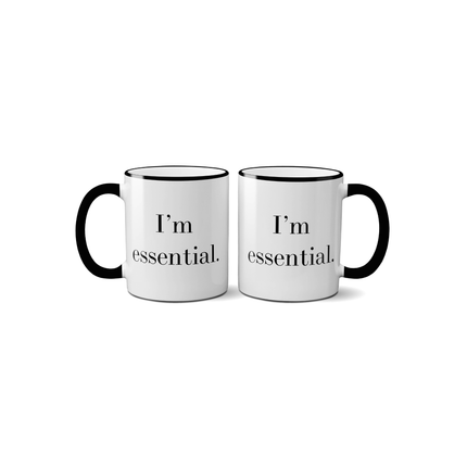 Two white mugs with black handles and text on a white background