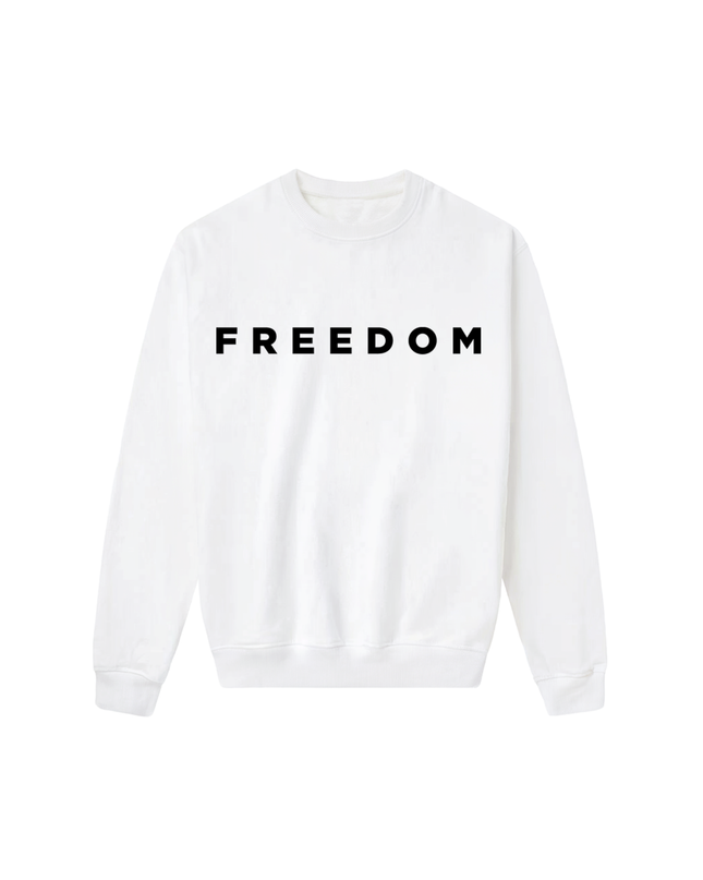 White sweatshirt with 'FREEDOM' printed on it against a white background