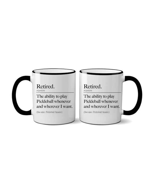 Two white mugs with black Pickleball text and handles on a white background