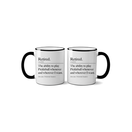 Two white mugs with black Pickleball text and handles on a white background