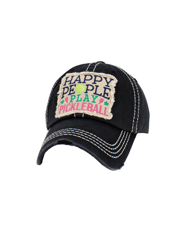 Black cap with 'Happy People Play Pickleball' text on a white background