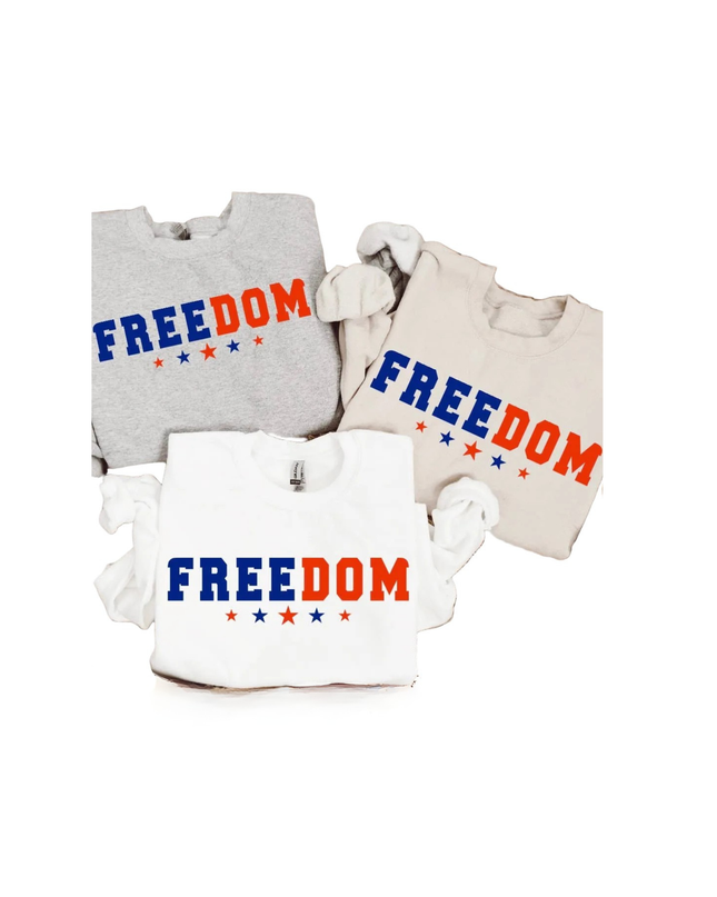 Three sweatshirts with 'FREEDOM' text on a white background
