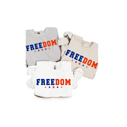 Three sweatshirts with 'FREEDOM' text on a white background