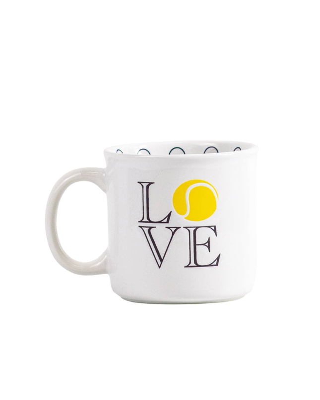 White mug with 'LOVE' and tennis ball design on a white background