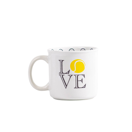 White mug with 'LOVE' and tennis ball design on a white background