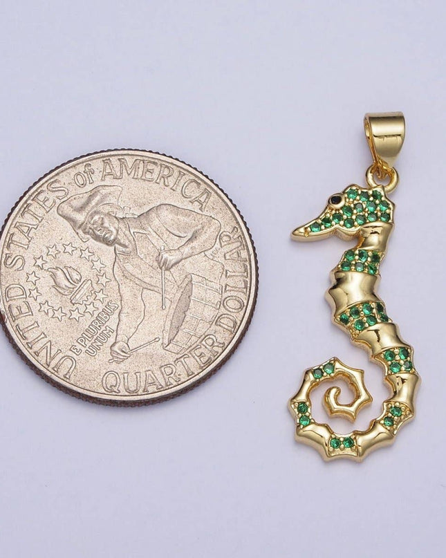 Emerald Green Micro Pave Cubic Zirconia Seahorse Ocean Wildlife Gold Charm For Jewelry Making | X-475