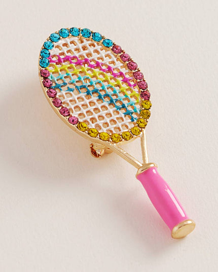 Rhinestone Rainbow Tennis Racket Pin Brooch