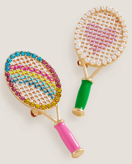 Rhinestone Rainbow Tennis Racket Pin Brooch
