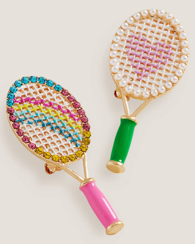 Rhinestone Rainbow Tennis Racket Pin Brooch