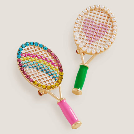 Rhinestone Rainbow Tennis Racket Pin Brooch