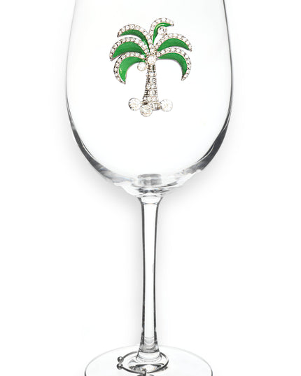 Green Diamond Palm Tree Jeweled Stemmed Wine Glass