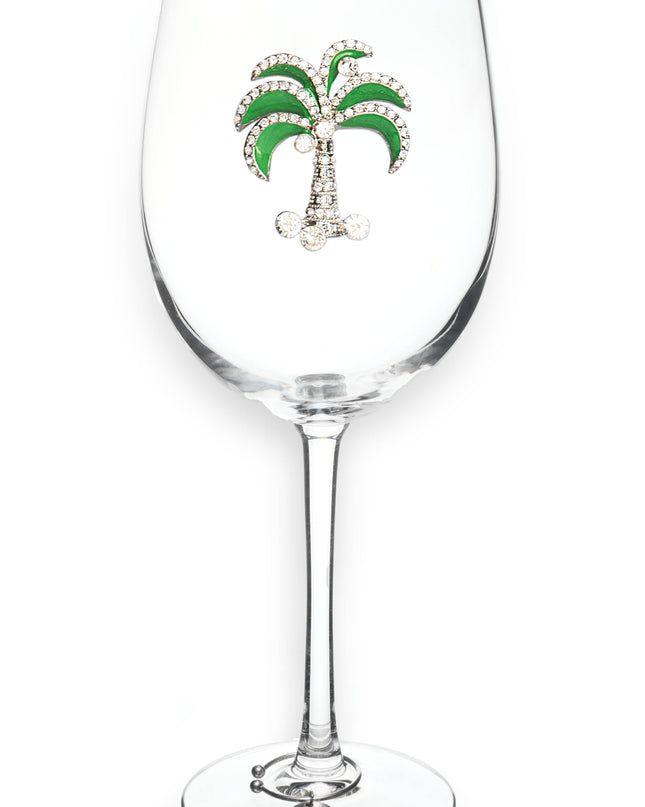 Green Diamond Palm Tree Jeweled Stemmed Wine Glass
