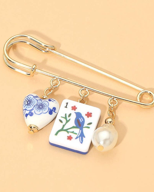 Floral Heart Mahjong Tile Pearl Charm Drop Safety Pin Brooch