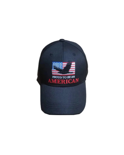 Black cap with American flag design and 'Proud to be an American' text on a white background