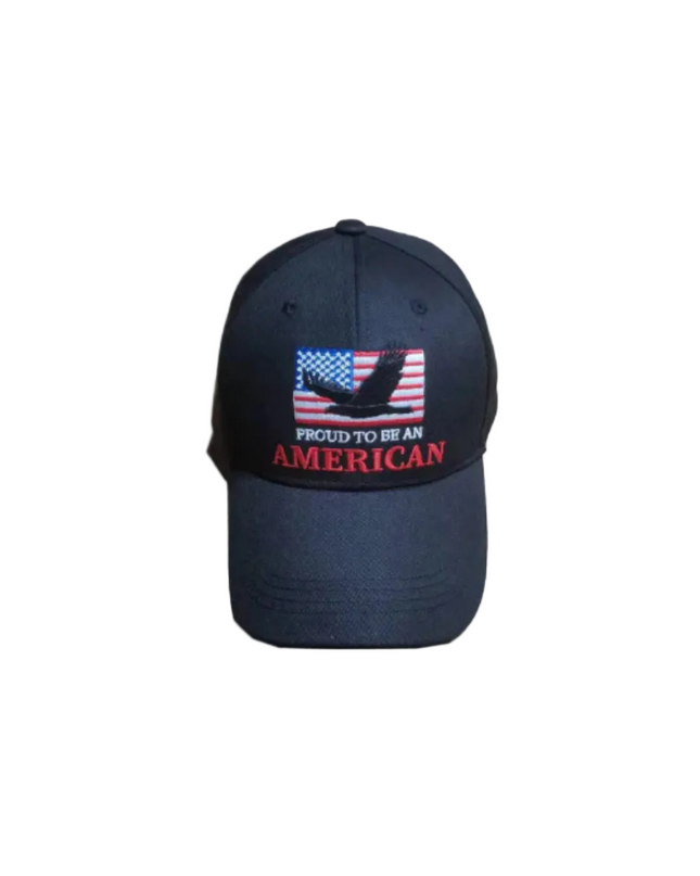 Black cap with American flag design and 'Proud to be an American' text on a white background