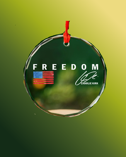 Circular ornament with 'Freedom' text and American flag on a green background