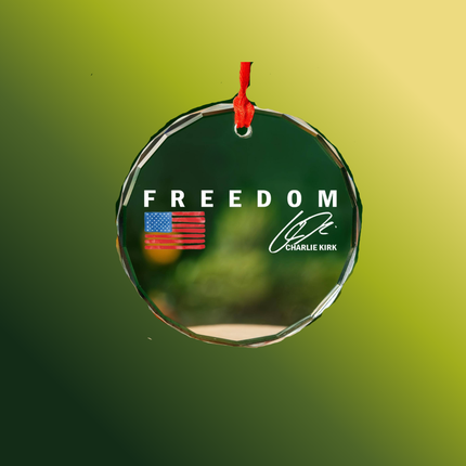 Circular ornament with 'Freedom' text and American flag on a green background