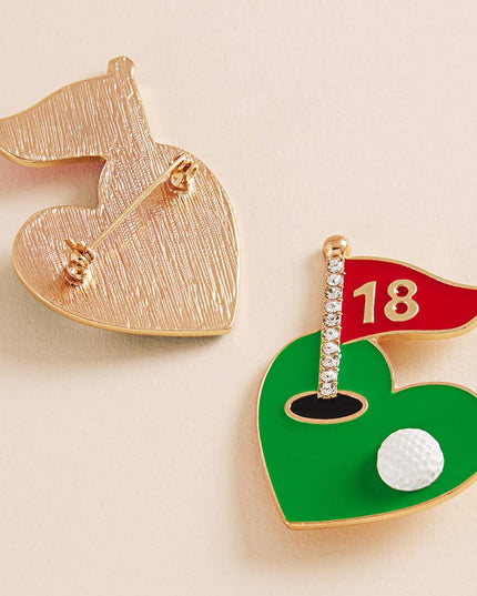 Enamel Rhinestone Accent Heat Shaped Golf Green Pin Brooch