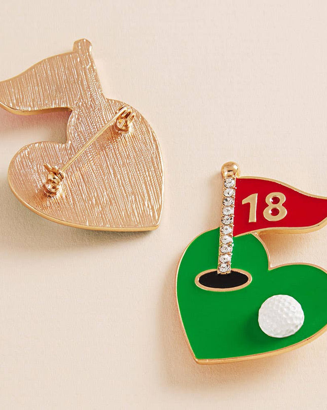 Enamel Rhinestone Accent Heat Shaped Golf Green Pin Brooch