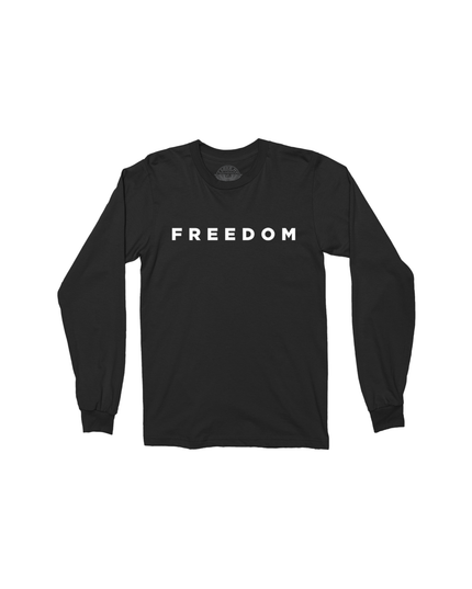 Black long-sleeve shirt with 'FREEDOM' printed on it against a white background